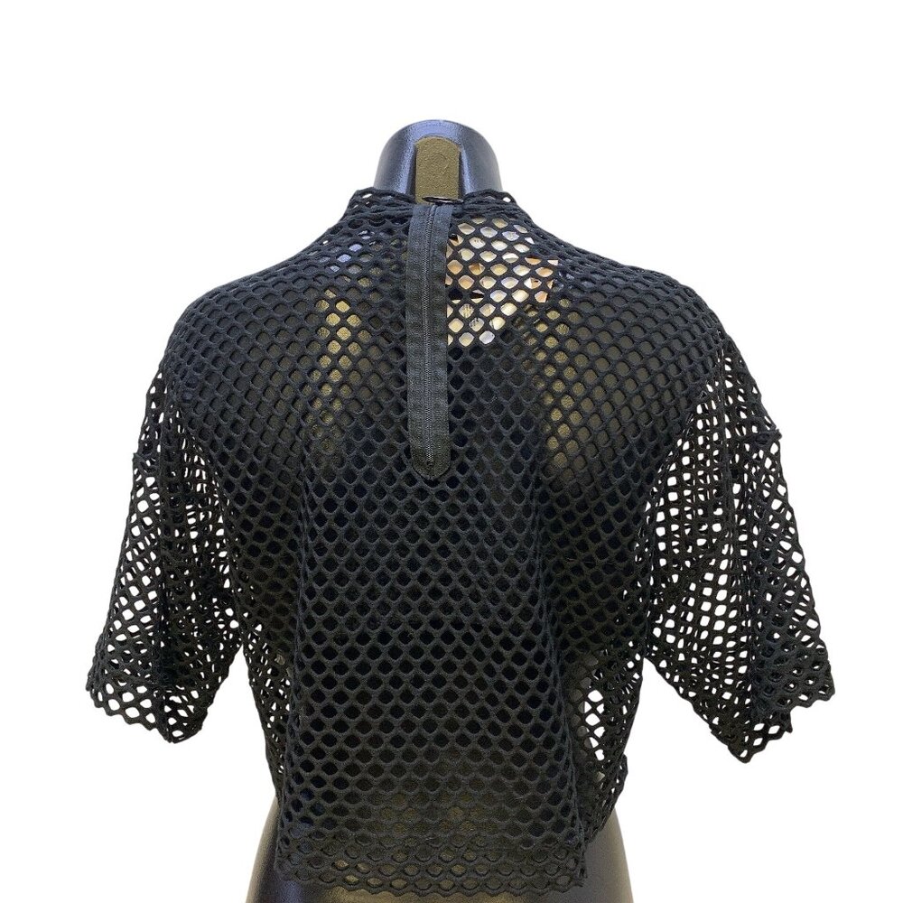 Akris Punto Black Crop Mesh Crochet Short Sleeve Mock Neck Top 6 - Picture 4 of 6